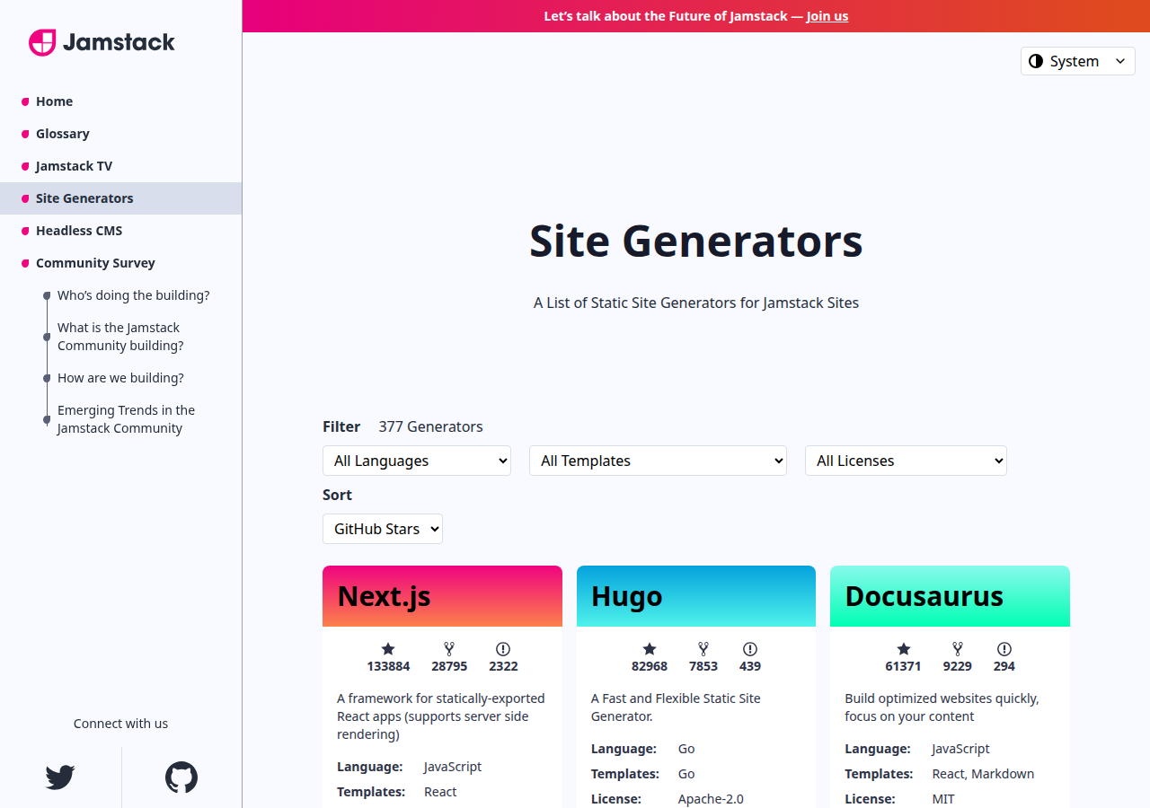 Skärmdump av A List of Static Site Generators for Jamstack Sites