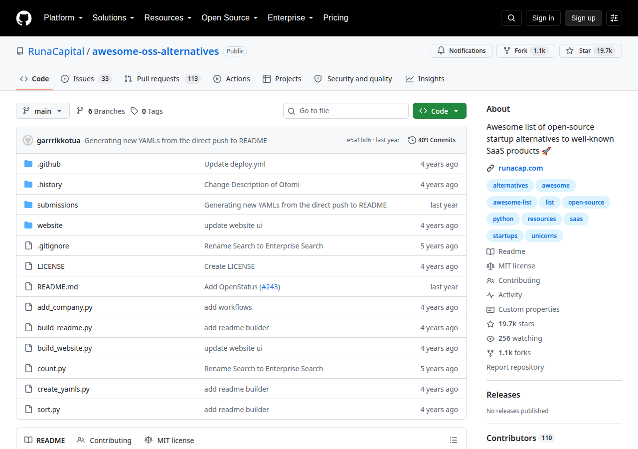 Skärmdump av Awesome open-source alternatives to SaaS