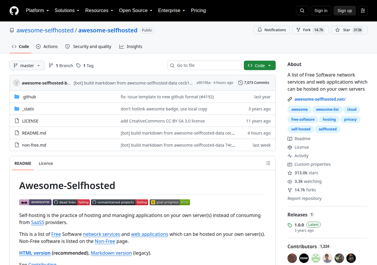 Skärmdump av Awesome Selfhosted