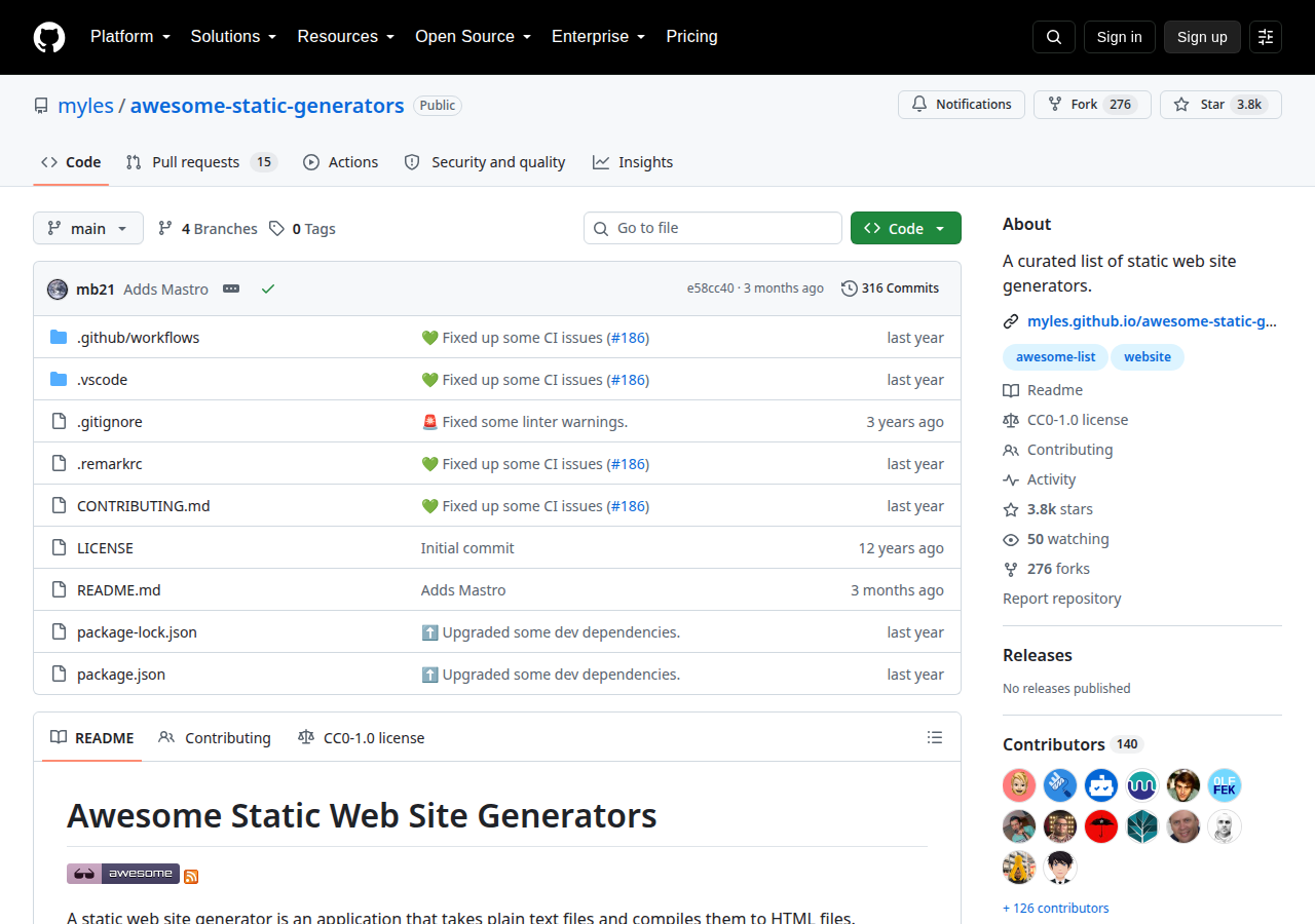 Skärmdump av Awesome Static Web Site Generators