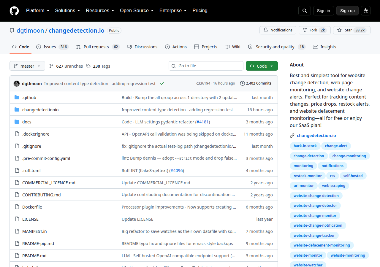 Skärmdump av changedetection.io
