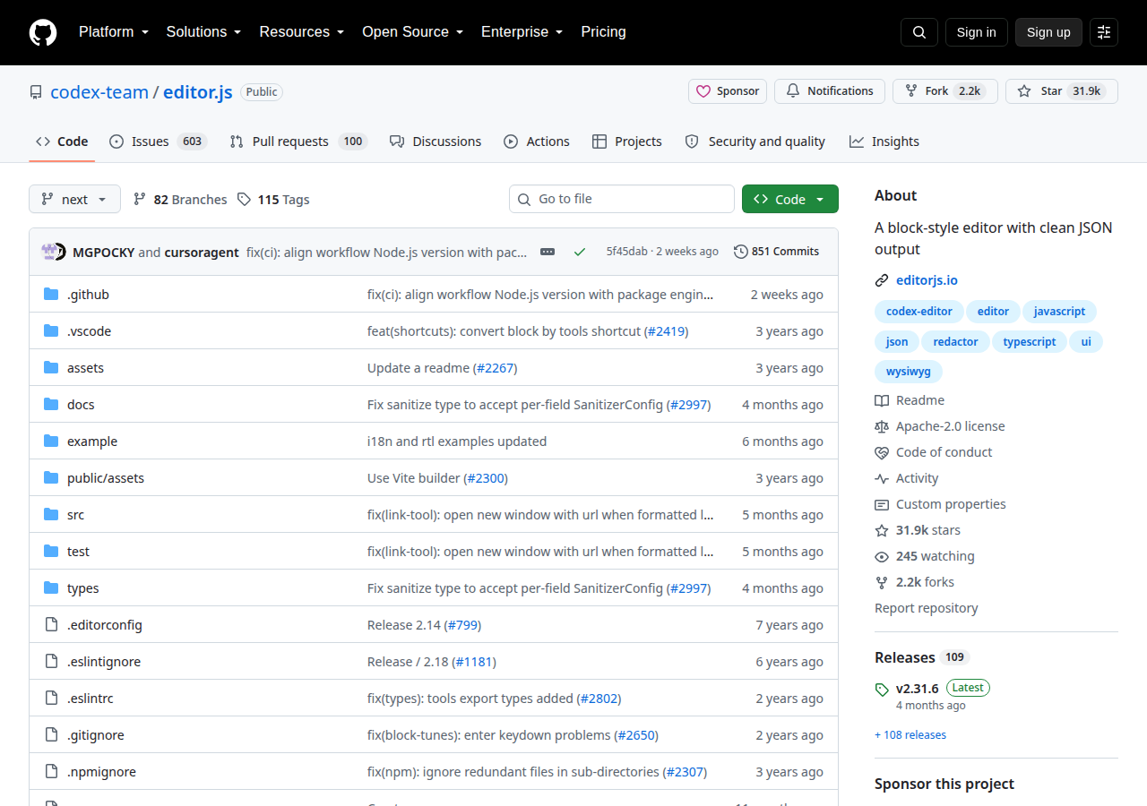 Skärmdump av Editor.js