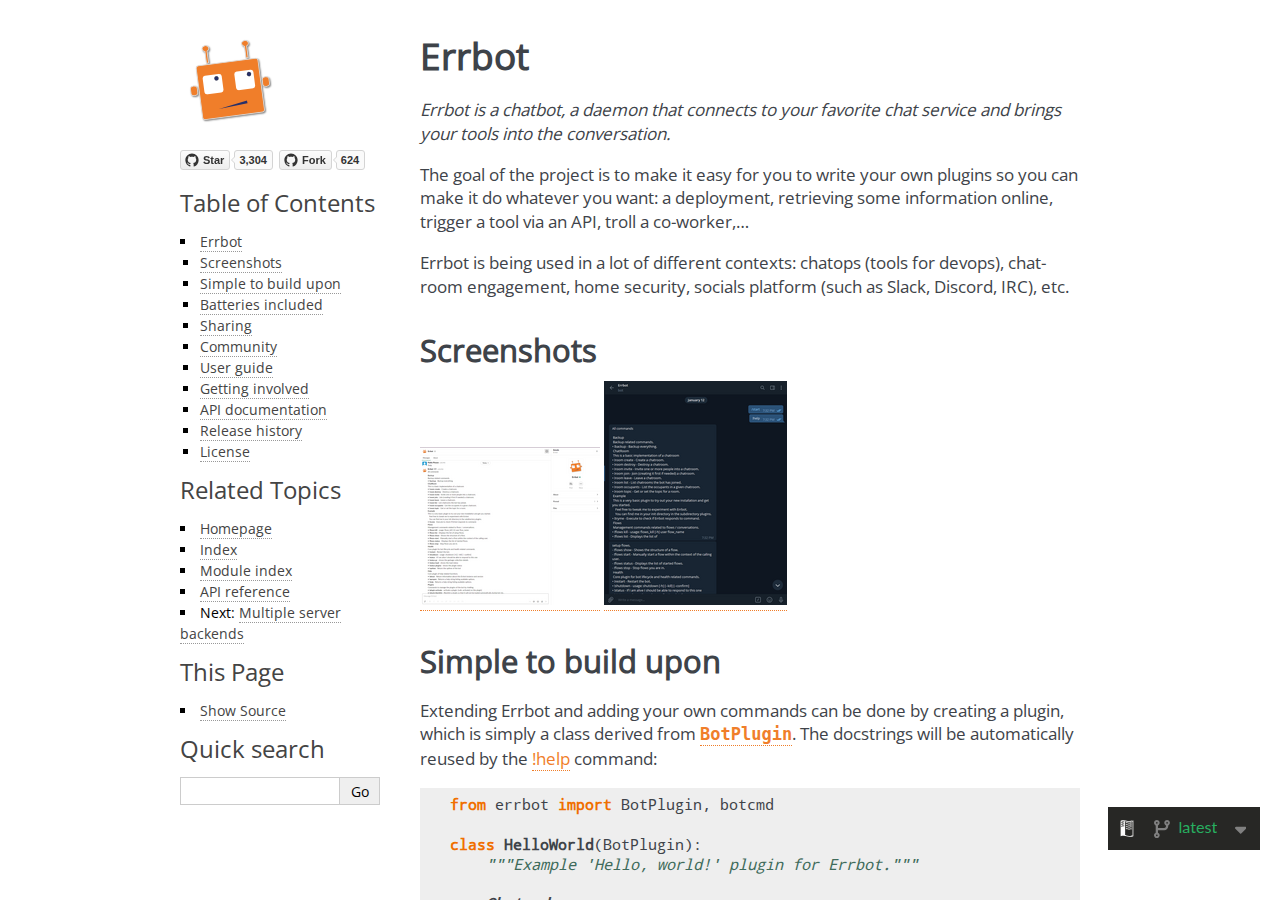 Skärmdump av Errbot