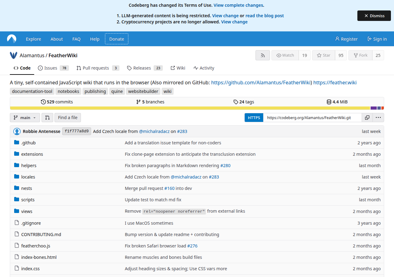 Skärmdump av Feather Wiki