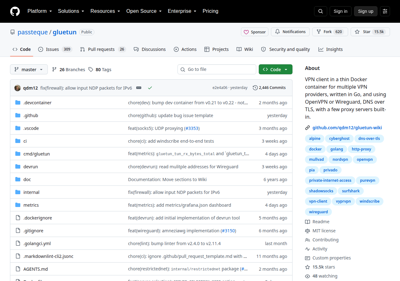 Skärmdump av Gluetun VPN client