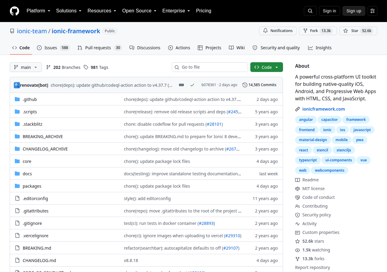 Skärmdump av Ionic Framework