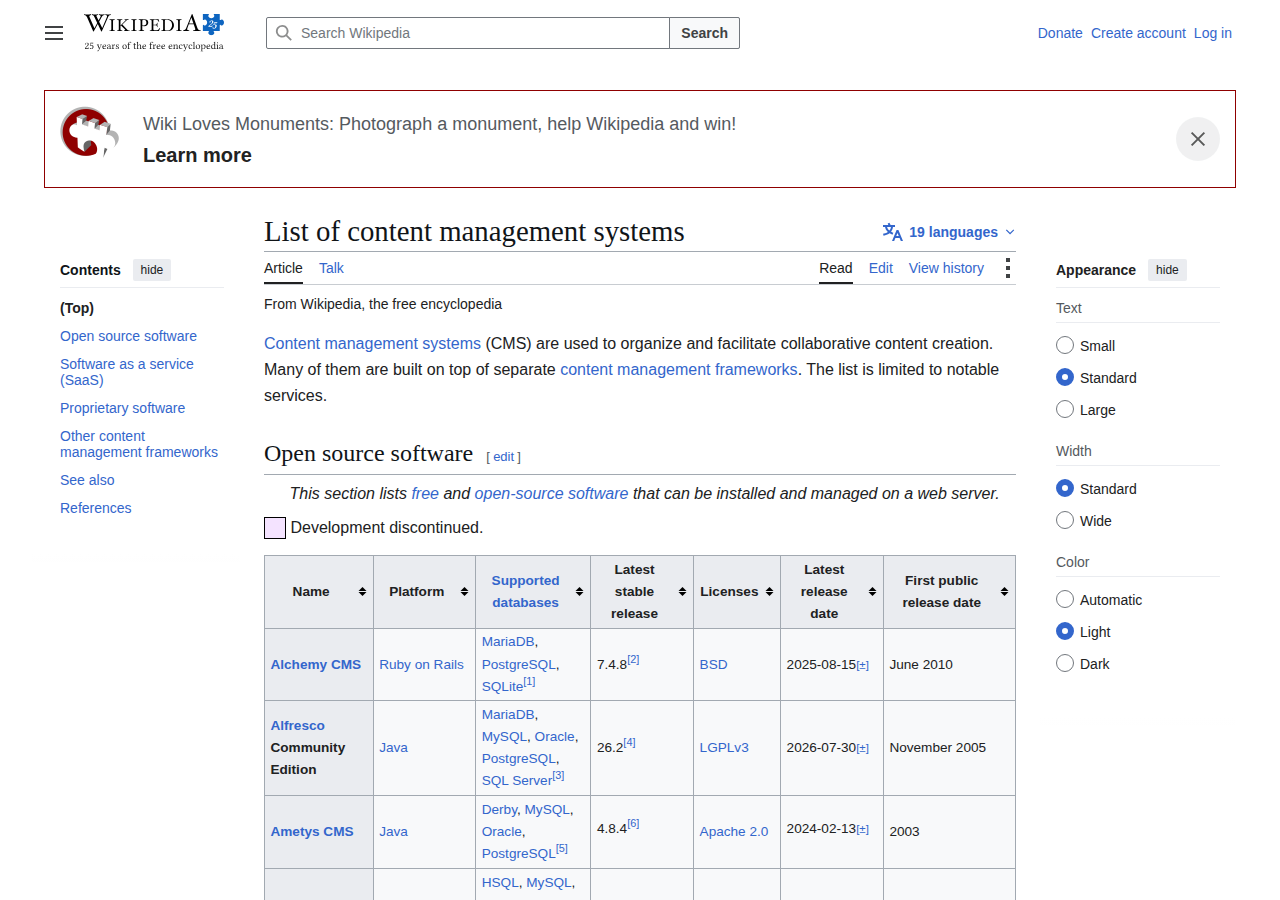 Skärmdump av List of content management systems on Wikipedia