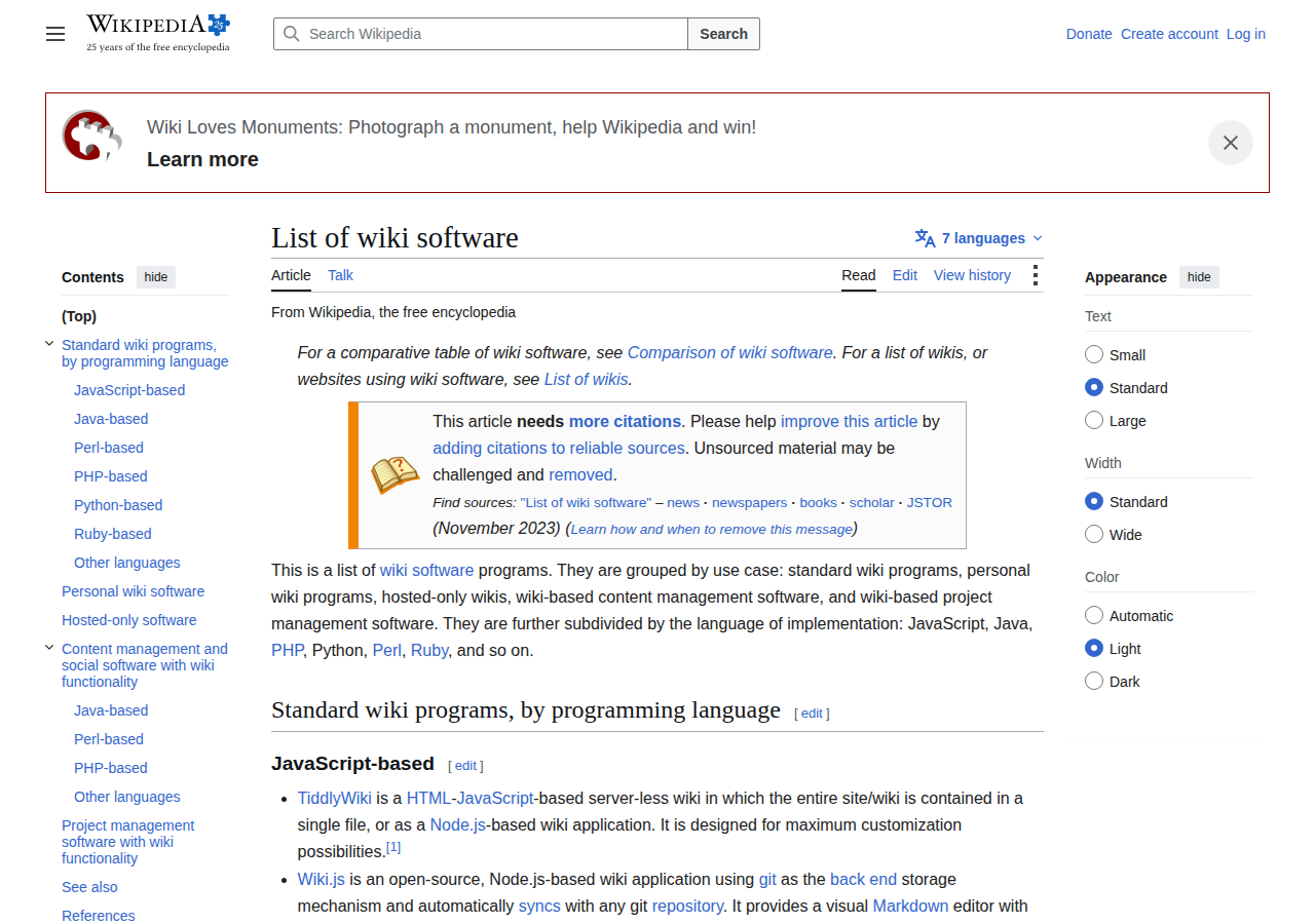 Skärmdump av List of wiki software