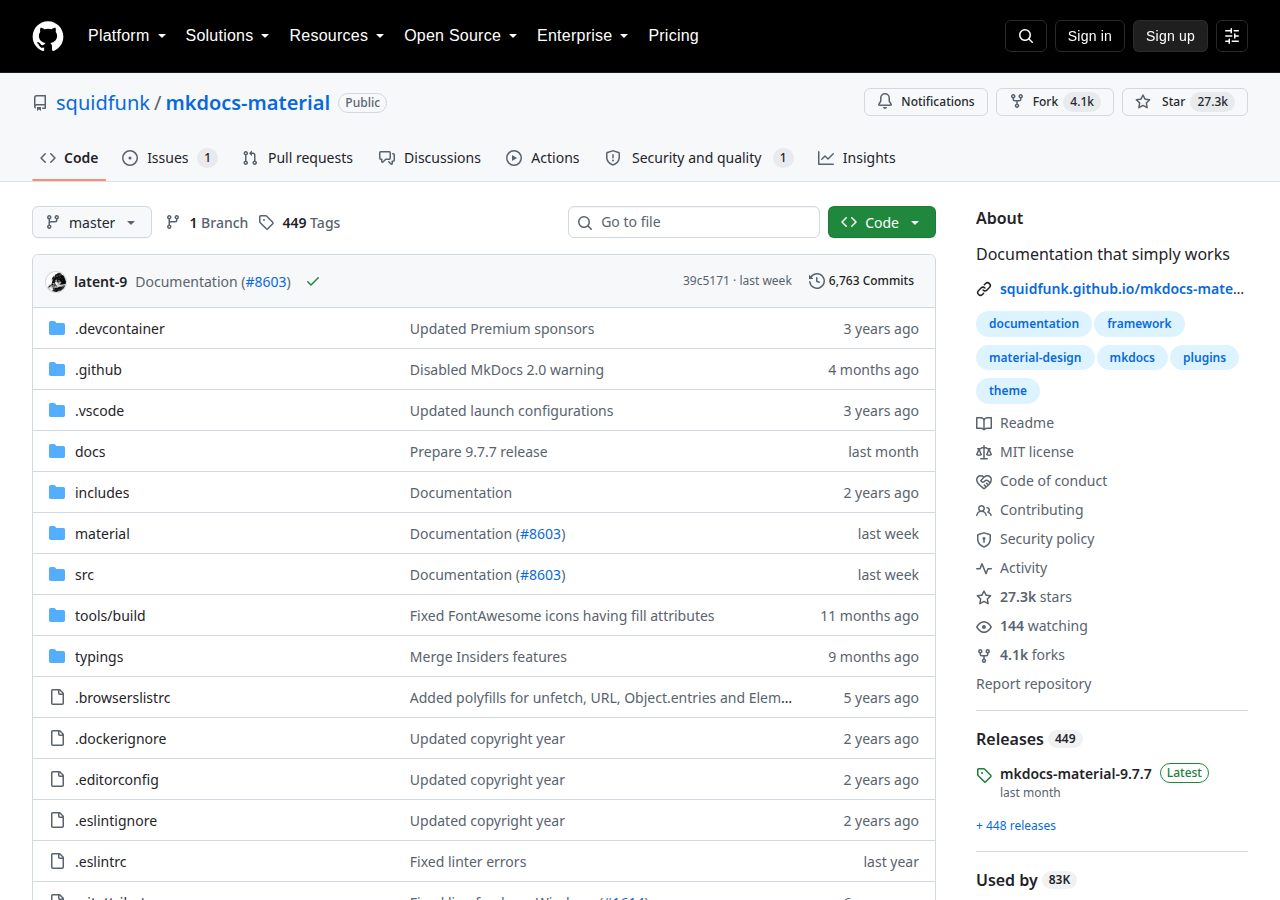Skärmdump av Material for MkDocs