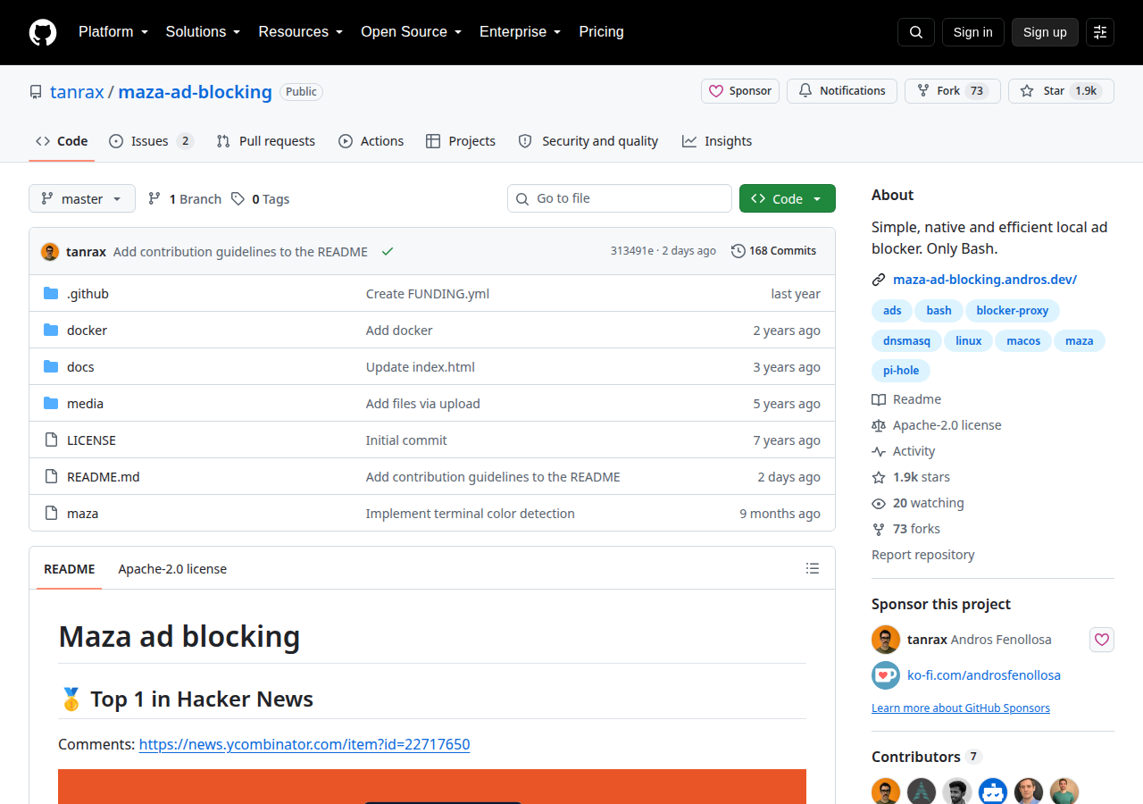 Skärmdump av Maza ad blocking