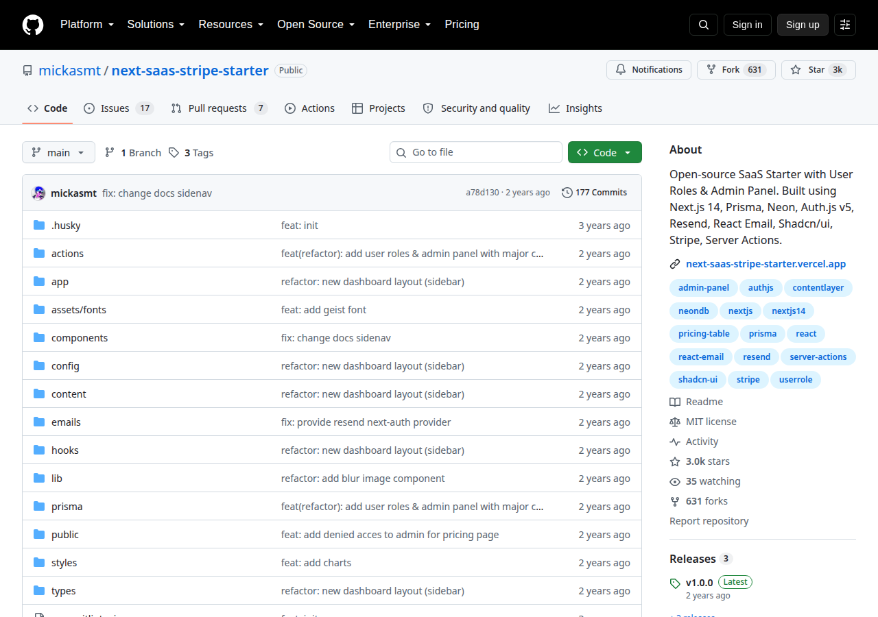 Skärmdump av Next SaaS Stripe Starter