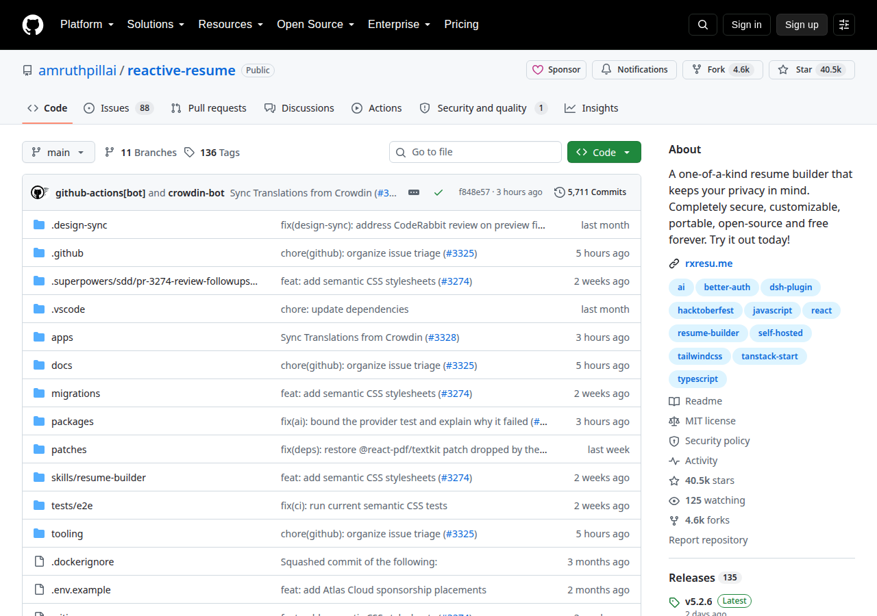Skärmdump av Reactive Resume