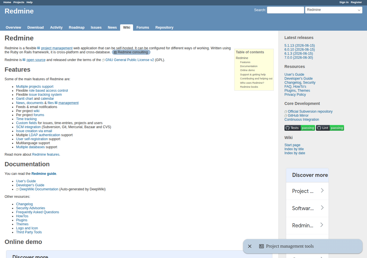 Skärmdump av Redmine