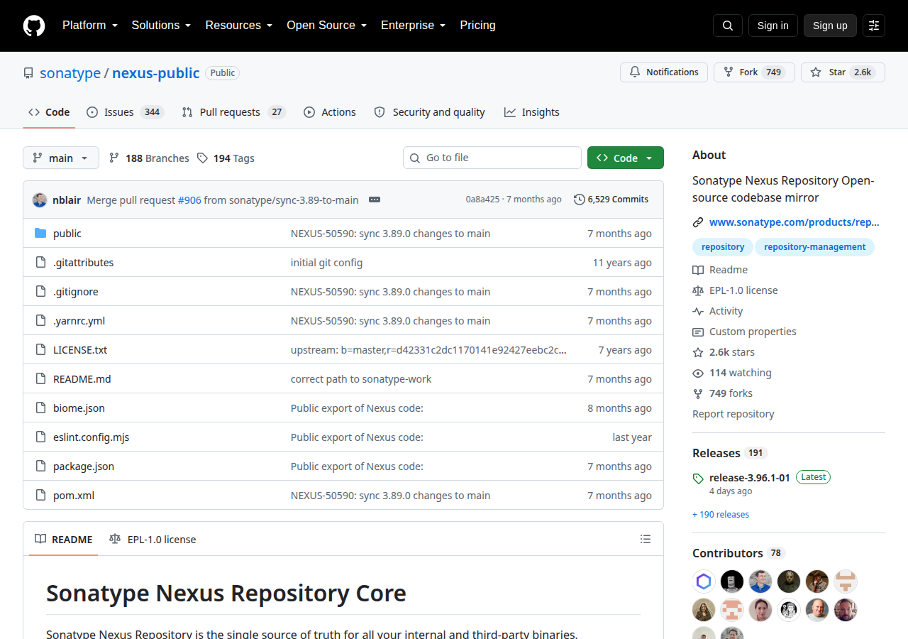 Skärmdump av Sonatype Nexus Repository OSS