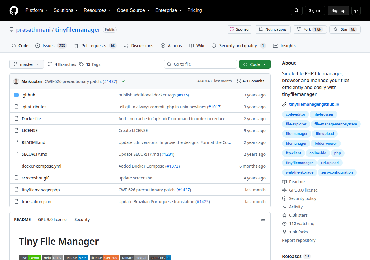 Skärmdump av Tiny File Manager
