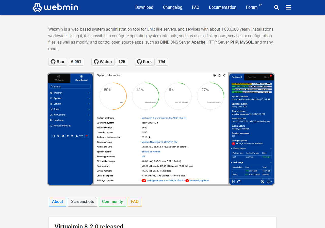 Skärmdump av Webmin