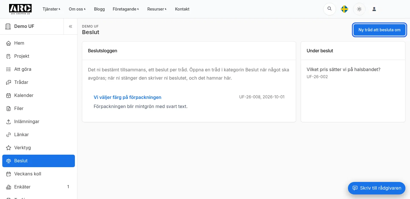 Beslutsloggen med ett stängt beslut och dess sammanfattning