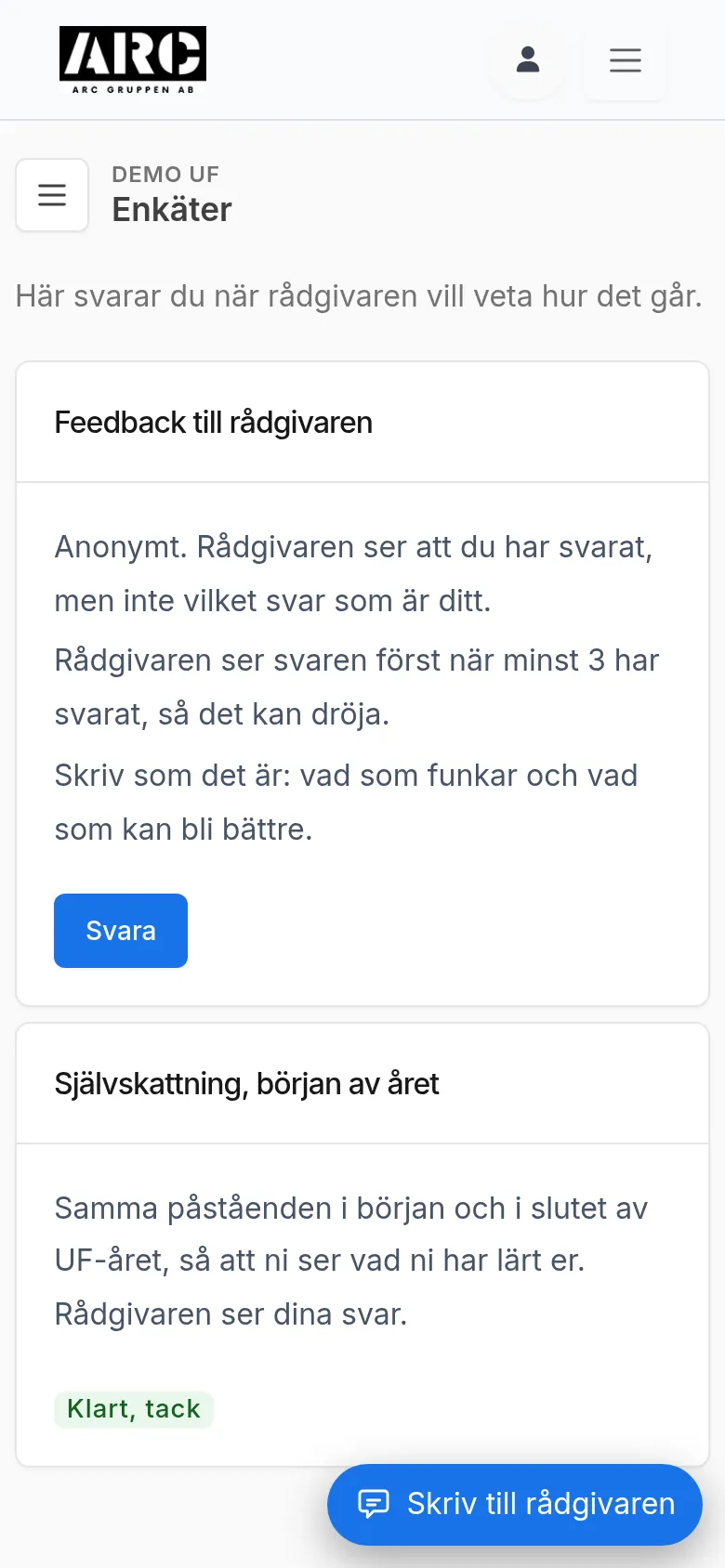 Menypunkten Enkäter med siffran (badge) synlig i menyn