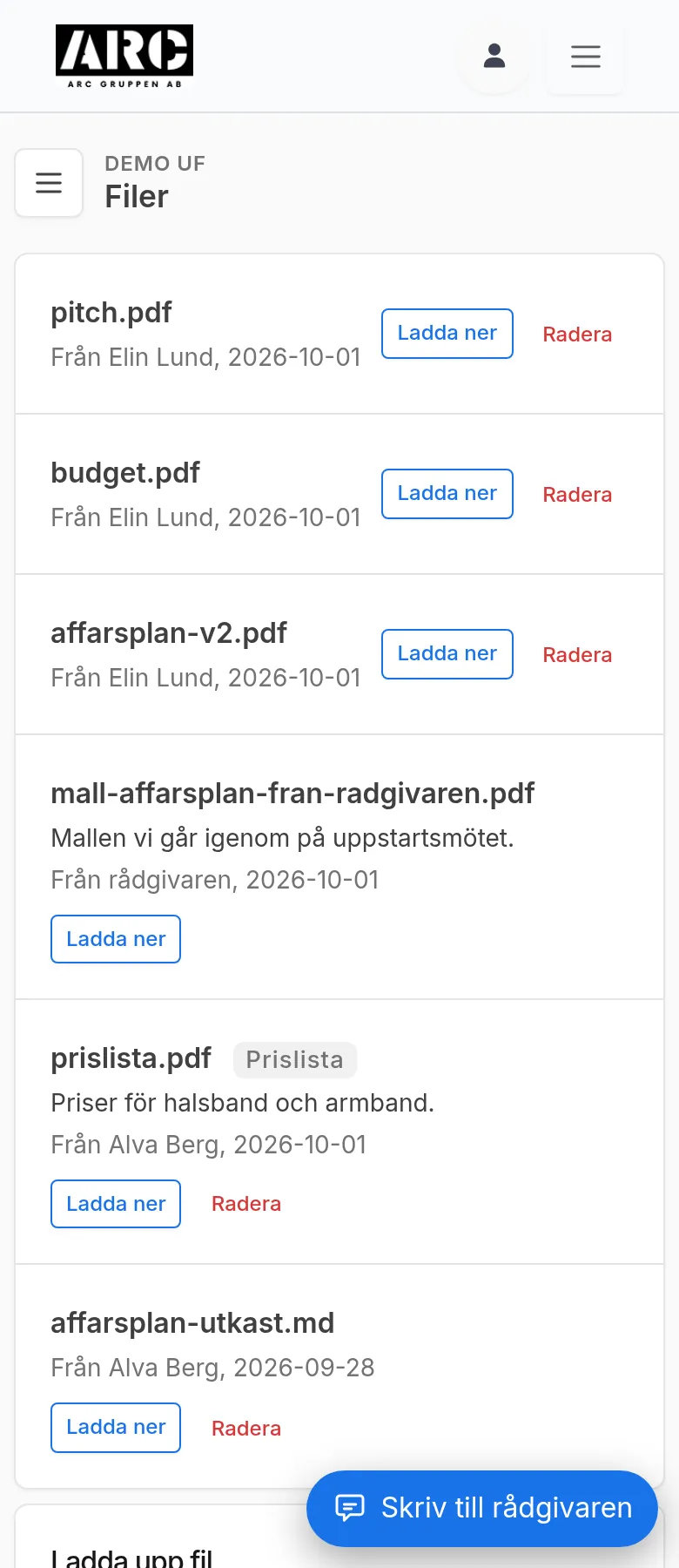 En fil från en elev med Radera och en fil Från rådgivaren utan Radera