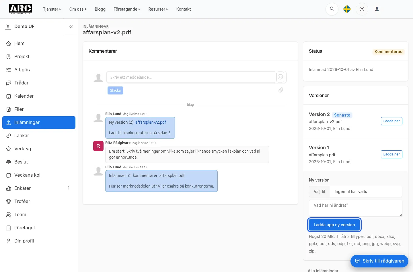Kommentarer, Status och Versioner med märket Senaste