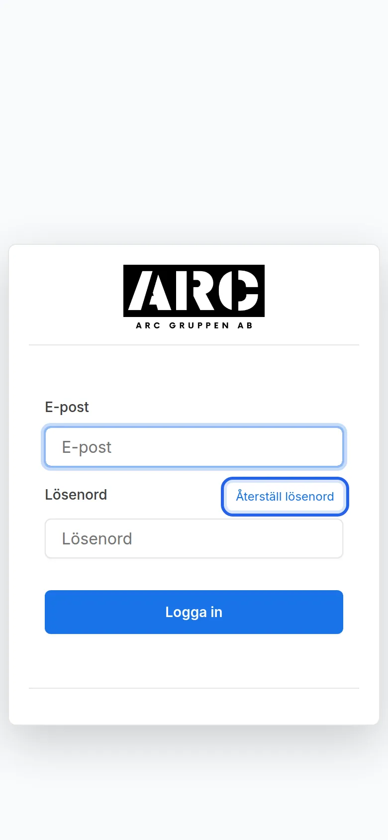 E-post, lösenord, inloggningsknappen och länken för att återställa lösenord markerad