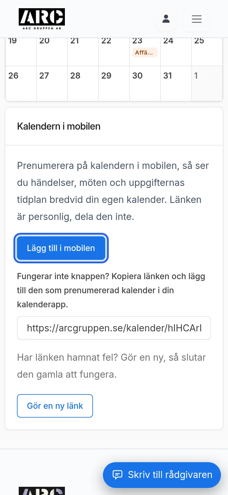 Rutan Kalendern i mobilen med knappen Lägg till i mobilen markerad