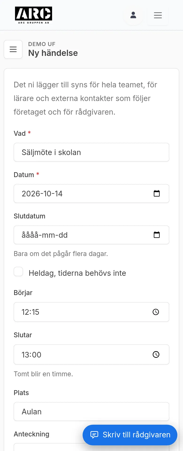 Formuläret med Vad, Datum, Heldag, Börjar och Slutar ifyllda
