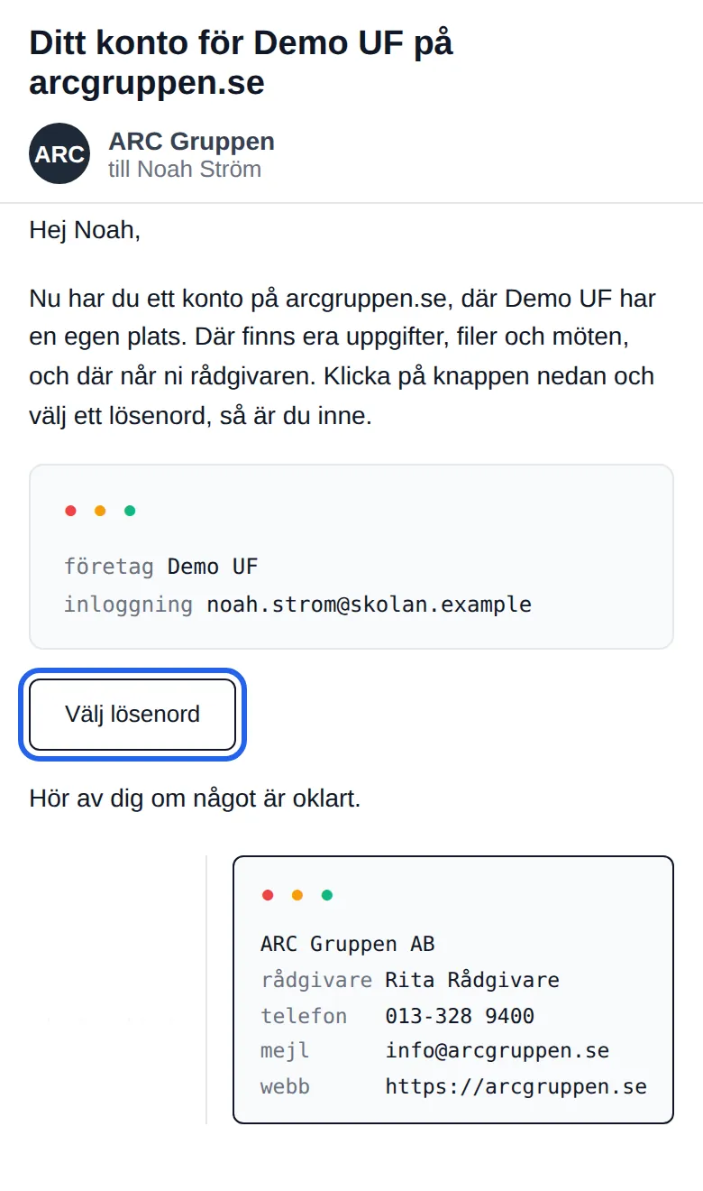 Knappen Välj lösenord markerad