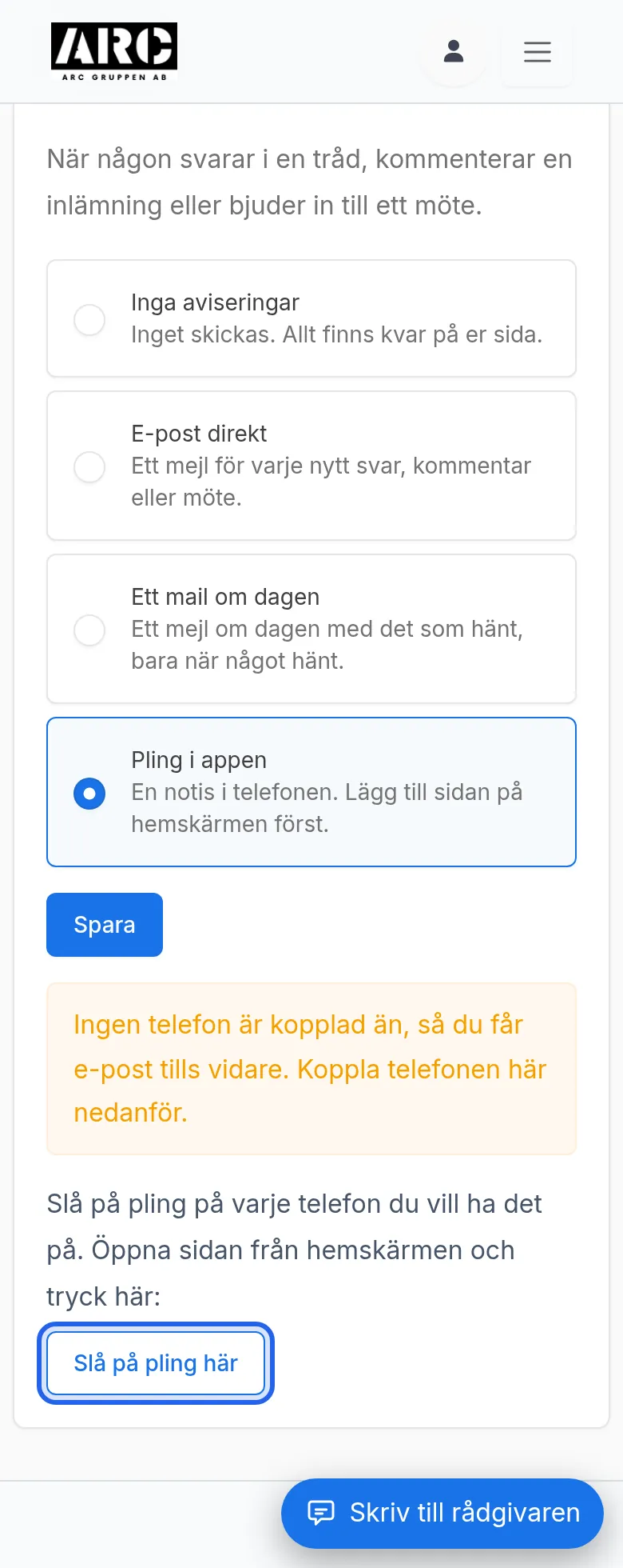 De fyra valen under Aviseringar med Pling i appen vald och knappen Slå på pling här markerad