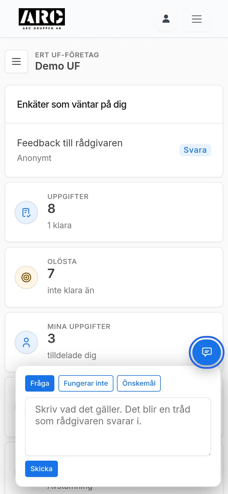 Bubblan Skriv till rådgivaren öppen med Fråga, Fungerar inte, Önskemål och knappen Skicka