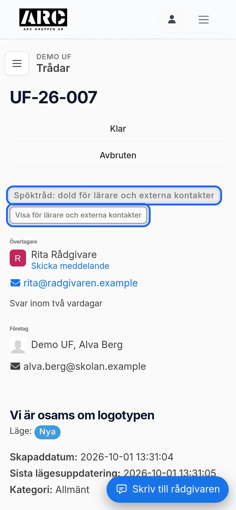 Märket ”Spöktråd: dold för lärare och externa kontakter” och knappen Visa för lärare och externa kontakter