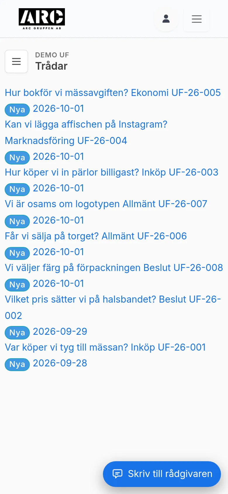 Trådarna som kort med kategori, nummer UF-26-xxx, status och datum