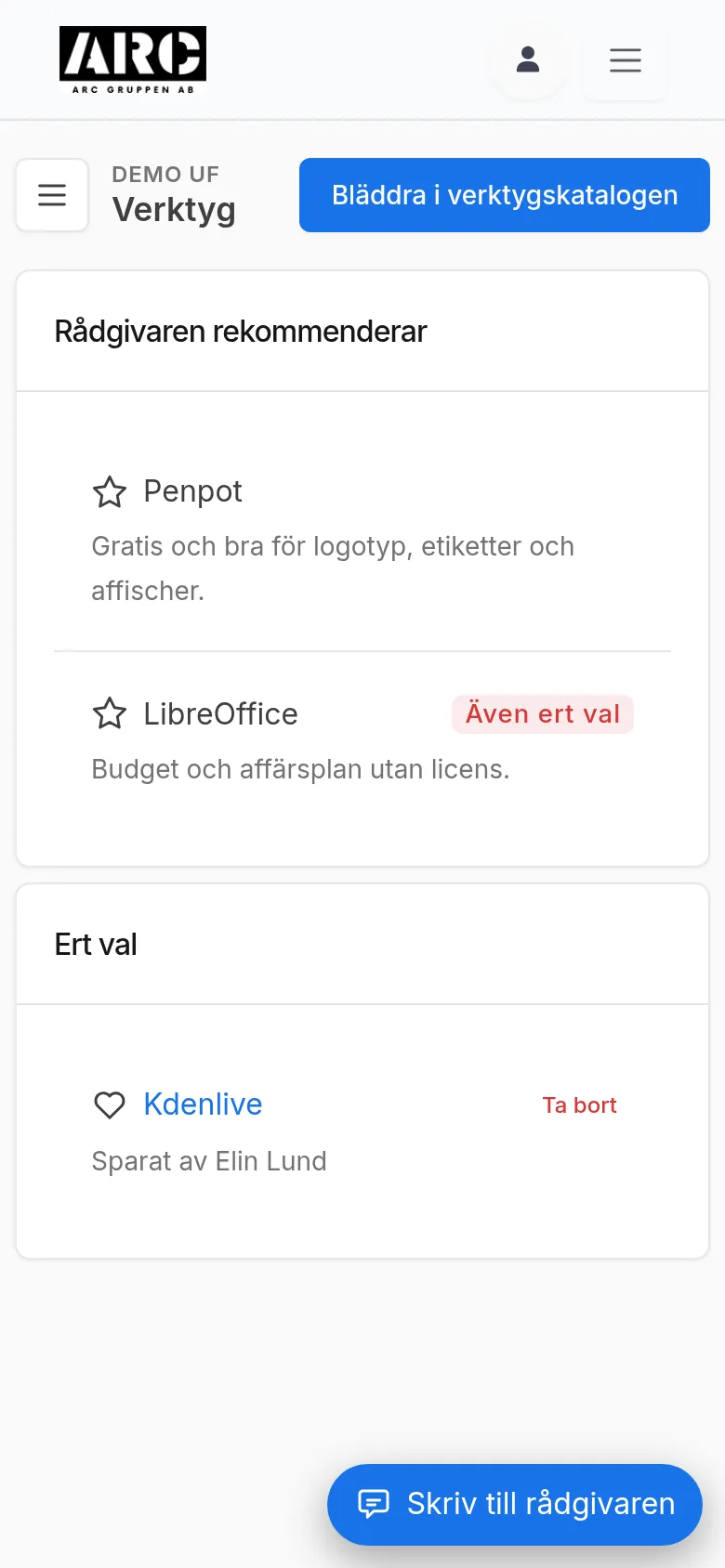 Rådgivaren rekommenderar (stjärna) och Ert val (hjärta), en rad med Även ert val