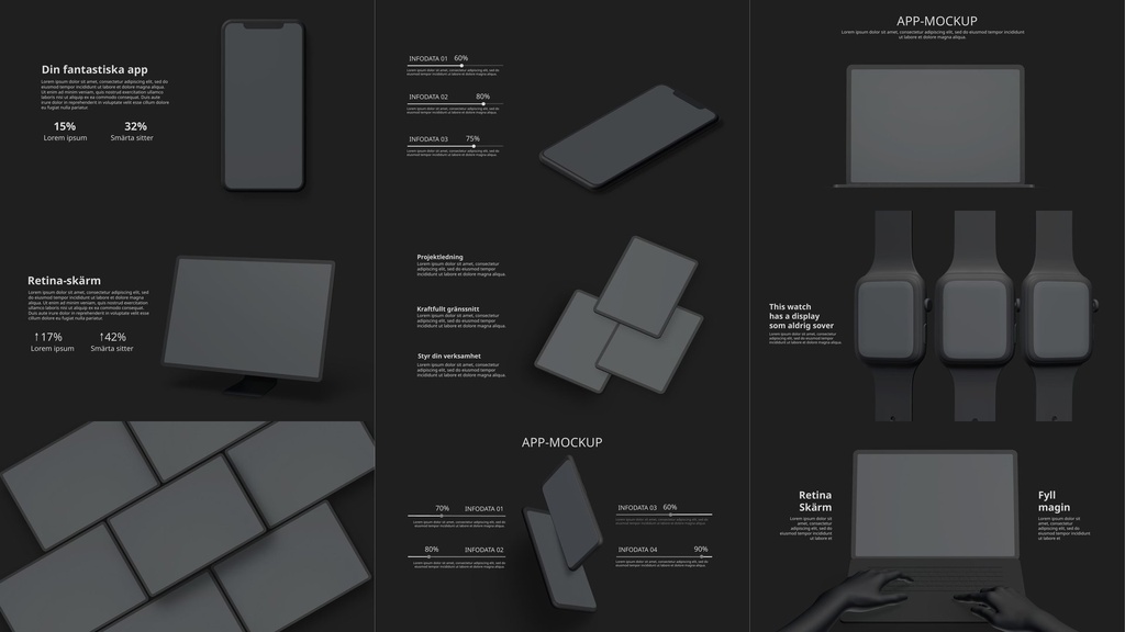 Device mockups, dark theme