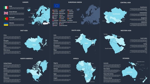 Continents, dark theme
