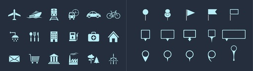 Map markers and icons, dark theme